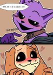 absurd_res anthro blush canid canine canis catnap_(poppy_playtime) clothed clothing collar comic dogday_(poppy_playtime) domestic_cat domestic_dog duo english_text felid feline felis heart_symbol hi_res hoodie looking_at_another male mammal open_mouth poppy_playtime saku1saya smiling_critters text topwear