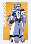  1girl armor blue_hair breasts character_name clenched_hand commission crossover headgear highres kos-mos lautricius long_hair mega_man_(series) mega_man_x_(series) red_eyes robot_girl shoulder_armor small_breasts solo twitter_username white_armor xenosaga yellow_background 