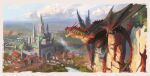  animal_focus blue_sky border castle city cityscape claws cloud commentary day dragon english_commentary fantasy from_above highres monster neilvk open_mouth original outdoors painterly rock scenery sharp_teeth sky solo tail teeth western_dragon white_border wings wyvern 