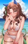  1girl alternate_costume animal_ears beach blowing_kiss breasts brown_hair cleavage cloud collarbone commentary_request highres horse_ears horse_girl horse_tail jewelry king_halo_(umamusume) medium_breasts necklace ocean one_eye_closed sky swimsuit tabunshake tail umamusume 
