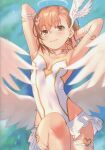  1girl absurdres angel angel_wings armpits arms_behind_head arms_up bare_shoulders blurry blush breasts brown_eyes brown_hair choker cleavage collarbone covered_navel feathered_wings hair_ornament halo head_wings heart heart_choker heart_hair_ornament heart_o-ring highres leotard light_particles looking_at_viewer misaka_mikoto non-web_source parted_lips raika9 short_hair skirt small_breasts smile solo strapless strapless_leotard thigh_strap toaru_kagaku_no_railgun toaru_majutsu_no_index white_choker white_leotard white_skirt white_wings wings 