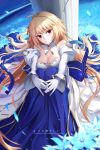  1girl archetype_earth arcueid_brunestud bare_shoulders blonde_hair blue_skirt blush breasts cleavage detached_collar detached_sleeves dress fate/grand_order fate_(series) gloves highres large_breasts long_hair looking_at_viewer qiaogun_damodao red_eyes sitting skirt smile solo tsukihime very_long_hair white_dress white_gloves 