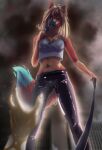 aleks_pakaralex anthro breasts canid canine canis clothed clothing digital_media_(artwork) dominant female fur gun hair handgun hi_res latex latex_clothing leash mammal open_mouth ranged_weapon simple_background smile tail tight_clothing walking weapon