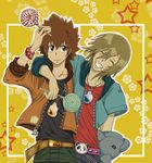  basil belt black_shirt blue_jacket bracelet brown_eyes brown_hair closed_eyes doll katekyo_hitman_reborn lollipop necklace orange_jacket red_shirt sawada_tsunayoshi smiling 