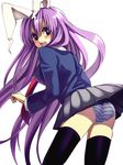  angry animal_ears ass bad_id bad_pixiv_id black_legwear bunny_ears long_hair looking_back necktie panties pantyshot purple_hair reisen_udongein_inaba skirt skirt_flip skirt_lift solo striped striped_panties thighhighs touhou underwear very_long_hair yui_tooru 