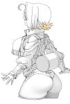  1girl ahoge ass breasts cropped_legs elegg_(nikke) goddess_of_victory:_nikke greyscale jacket jaggy_lines long_sleeves monochrome nago_purin short_hair short_shorts shorts simple_background sketch solo spot_color 