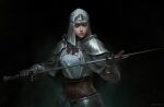  1girl armor black_background dark_souls_(series) dark_souls_iii faulds gauntlets holding holding_sword holding_weapon shoulder_armor sirris_of_the_sunless_realms solo sword veil wayne_wu weapon white_veil 