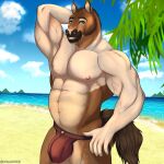 1:1 abs absurd_res anthro beach belly biceps bulge clothing colored digital_drawing_(artwork) digital_media_(artwork) equid equine erection flexing flexing_bicep fur galletoart hand_behind_head hi_res horse jockstrap looking_at_viewer male mammal musclegut muscular muscular_anthro muscular_male nipples nude outside pecs plant sand sea seaside signature sky smile solo tail tree underwear vein veiny_muscles water ych_(character)