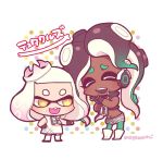  2girls black_gloves dark-skinned_female dark_skin full_body gloves gradient_background green_pantyhose headphones kotorai marina_(splatoon) mole mole_on_cheek multiple_girls navel_piercing no_nose open_mouth pantyhose pearl_(splatoon) piercing signature splatoon_(series) splatoon_2 standing suction_cups tentacle_hair thick_eyebrows translation_request white_footwear white_hair yellow_eyes zipper_pull_tab 