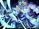  2boys aura black_vest blonde_hair broly_(dragon_ball_z) dark_background dragon_ball dragon_ball_z energy fangs from_behind from_below gogeta highres kamehameha_(dragon_ball) medium_hair multiple_boys muscular muscular_male no_pupils open_mouth pants powering_up rykun_dsz signature spiked_hair super_saiyan super_saiyan_1 teeth topless vest white_pants 