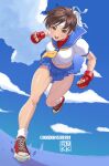  1girl blue_sailor_collar blue_sky brown_eyes brown_hair cloud fingerless_gloves gloves headband highres kasugano_sakura kkzk61539201 miniskirt sailor_collar shoes short_hair skirt sky sneakers solo street_fighter white_headband 