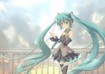  aqua_eyes aqua_hair day detached_sleeves hand_on_own_chest hatsune_miku headset long_hair necktie nekoguruma railing skirt sky solo thighhighs twintails very_long_hair vocaloid 