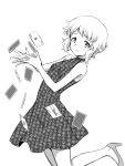  1girl breasts card cowboy_shot dot_nose dress floating_card greyscale high_heels highres idolmaster idolmaster_million_live! idolmaster_million_live!_theater_days light_smile makabe_mizuki matcha_kingyo monochrome parted_bangs playing_card print_dress short_hair sidelocks sleeveless sleeveless_dress small_breasts solo wavy_hair 