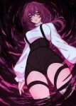  1girl black_shorts breasts commentary high-waist_shorts highres honkai:_star_rail honkai_(series) kafka_(honkai:_star_rail) looking_at_viewer medium_breasts medium_hair minxinq purple_eyes purple_hair shorts smile solo standing suspenders thigh_strap thighs 