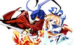  1girl bad_id bad_pixiv_id blonde_hair blue_eyes blue_hair bracelet detached_sleeves disgaea fire flonne hair_over_one_eye highres ice jewelry kurokoge013 laharl long_hair open_mouth red_eyes red_shorts scarf shorts smirk staff sword weapon 