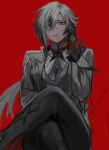  1girl arlecchino_(genshin_impact) black_pants coat commentary_request crossed_legs genshin_impact grey_coat grey_hair grey_shirt long_hair long_sleeves looking_at_viewer pants red_background shirt simple_background sitting solo tomodurien very_long_hair 