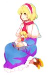  alice_margatroid apron blonde_hair blue_eyes bow capelet doll hair_bow hairband meeko shanghai_doll short_hair sitting solo touhou white_capelet 