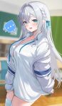  ... 1girl absurdres blue_eyes blue_ribbon blurry blurry_background blush braid breasts classroom collared_shirt commentary_request cowboy_shot crossed_bangs dress_shirt green_ribbon grey_hair grey_jacket hair_between_eyes hair_intakes hair_ribbon highres hitachi_sou indoors jacket large_breasts long_hair long_sleeves looking_at_viewer neck_ribbon no_pants off_shoulder open_clothes open_jacket open_mouth original paid_reward_available ribbon shirt sleeves_past_wrists smile solo spoken_ellipsis standing sweat thighhighs track_jacket undone_neck_ribbon very_long_hair white_shirt white_thighhighs wooden_floor 