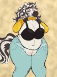 absurd_res anthro big_breasts blue_eyes blush bottomwear bra breasts clothing denim denim_bottomwear denim_clothing equid equine female genitals hair hi_res jeans laura_(mcdoogle) mammal pants pussy smile solo solo_focus sweater tail thick_thighs topwear turtleneck underwear undressing yuckydizzy zebra