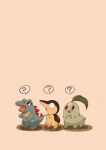  :o ? brown_background chikorita constricted_pupils crocodilian cyndaquil full_body highres looking_up no_humans open_mouth pokemon pokemon_(creature) red_eyes shadow simple_background spoken_question_mark standing starter_pokemon_trio totodile twitter_username wide-eyed zozozoshion 