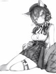  1girl absurdres animal_ear_fluff animal_ears bare_arms bare_legs belt beret greyscale hair_between_eyes hair_ornament hair_ribbon hairclip hand_on_own_hip hat heart high-waist_skirt highres hololive jacket light_blush long_hair looking_at_viewer low_twintails monochrome nanashi_(nlo) off_shoulder official_alternate_costume ookami_mio ookami_mio_(street) ribbon shirt simple_background sitting skirt sleeveless sleeveless_shirt smile solo thigh_strap twintails virtual_youtuber wolf_ears yokozuwari 
