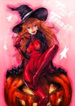  :d arm_support blue_eyes bodysuit boyaking cape hair_tousle hair_twirling halloween hat jack-o'-lantern long_hair neon_genesis_evangelion open_mouth orange_hair plugsuit pumpkin shikinami_asuka_langley smile solo souryuu_asuka_langley star trick_or_treat witch_hat 