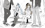  2boys 2girls ahoge bag bench blue_hair brown_hair coat couple green_eyes hair_intakes head_out_of_frame hetero jacket kise_itsuki loafers long_hair monochrome multiple_boys multiple_girls original outdoors pantyhose shoes sitting sketch sneakers spot_color sweater yellow_eyes 