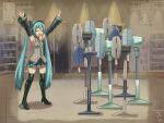  1girl :d ^_^ aqua_hair aqua_necktie armpits arms_up artist_name black_skirt black_thighhighs boots breasts closed_eyes collared_shirt commentary dated detached_sleeves digiral electric_fan english_commentary english_text full_body grey_shirt hatsune_miku high_heels highres indoors long_hair necktie open_mouth pleated_skirt pun shadow shirt shop skirt sleeveless sleeveless_shirt small_breasts smile solo standing thigh_boots thighhighs twintails very_long_hair vocaloid zettai_ryouiki 