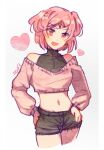  1girl :d artist_name bare_shoulders black_shirt black_shorts bob_cut casual crop_top cropped_legs cropped_sweater doki_doki_literature_club hair_ornament hands_on_own_hips heart long_sleeves looking_at_viewer midriff natsuki_(doki_doki_literature_club) navel off-shoulder_sweater off_shoulder open_mouth pink_eyes pink_hair pink_sweater shirt short_hair short_shorts shorts signature simple_background sleeveless sleeveless_turtleneck smile solo sora_(efr) sweater swept_bangs turtleneck two_side_up white_background x_hair_ornament 