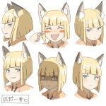  1girl ^_^ animal_ear_fluff animal_ears blonde_hair blue_eyes blush blush_stickers brown_shirt closed_eyes closed_mouth collared_shirt cropped_shoulders fox_ears grin hand_up highres holding kuro_kosyou light_frown multiple_views original parted_lips profile shaded_face shirt short_hair simple_background smile translation_request v-shaped_eyebrows white_background 