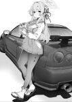  1girl against_vehicle blue_archive blush braid braided_bun breasts car closed_mouth full_body greyscale hair_bun hair_ornament halo highres holding holding_phone jun_project large_breasts long_hair long_sleeves looking_at_viewer mimori_(blue_archive) monochrome motor_vehicle pantyhose phone sailor_collar single_side_bun skirt smile solo standing 