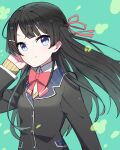  1girl black_hair black_jacket blazer blue_eyes bow bowtie braid closed_mouth collared_shirt dot_nose floating_hair french_braid green_background hair_ornament hair_ribbon hairpin hand_in_own_hair hand_up jacket long_hair long_sleeves looking_at_viewer nijisanji red_bow red_bowtie red_ribbon ribbon school_uniform shirt sidelocks simple_background smile solo sou_(tuhut) straight_hair tsukino_mito upper_body virtual_youtuber white_shirt 