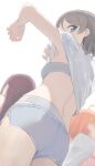  3girls armpits ass blue_eyes blue_shorts blurry blurry_background bra breasts depth_of_field from_below grey_bra grey_hair grey_panties highres hiroki_(yyqw7151) looking_at_viewer love_live! love_live!_sunshine!! multiple_girls orange_hair panties panties_under_shorts sakurauchi_riko shirt short_hair short_shorts shorts simple_background small_breasts takami_chika thighs underwear undressing watanabe_you white_background white_shirt 