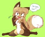 anthro averi_(fiddleafox) brown_body brown_fur canid canine dipstick_tail english_text female female_anthro fiddleafox fox fur gloves_(marking) green_eyes hair kneeling leg_markings mammal markings simple_background socks_(marking) solo tail tail_markings text white_body white_fur