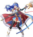  1girl armor attack black_gloves black_thighhighs blue_cape blue_eyes blue_hair breastplate caeda_(fire_emblem) caeda_(marth&#039;s_faithful)_(fire_emblem) cape elbow_gloves fingerless_gloves fire_emblem fire_emblem:_mystery_of_the_emblem fire_emblem_heroes fur-trimmed_cape fur_trim gloves highres holding holding_polearm holding_weapon long_hair multicolored_cape multicolored_clothes non-web_source official_alternate_costume official_art open_mouth polearm red_cape sheath solo sword thighhighs tiara v-shaped_eyebrows weapon white_footwear wing_hair_ornament 