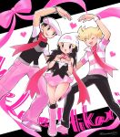  1girl 2boys barry_(pokemon) beanie beret black_hair black_pants black_socks blonde_hair boots dawn_(pokemon) hat heart heart_hands highres long_hair lucas_(pokemon) miniskirt multiple_boys pants pink_footwear pink_pants pink_shirt pink_skirt pink_theme pokemon sawarabi_(sawarabi725) shirt skirt socks standing standing_on_one_leg striped_clothes striped_shirt 