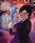 1boy 1girl bare_shoulders black_suit blue_eyes blue_hair bracelet breasts bulma cleavage commentary dragon_ball dragon_ball_z dress earrings elbow_gloves english_commentary english_text eyebrows_hidden_by_hair frown furrowed_brow glint gloves highres husband_and_wife jewelry lipstick makeup medium_breasts medium_hair purple_dress purple_gloves red_lips smile strapless strapless_dress suit tuxedo twitter_username vegeta wavy_hair whirlydoodle 
