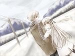  1girl 47-hane bad_id bad_pixiv_id brother_and_sister couple from_behind hair_ribbon hetero jacket kasugano_haruka kasugano_sora long_hair pantyhose plaid plaid_scarf ribbon scarf short_hair siblings twins winter yosuga_no_sora 