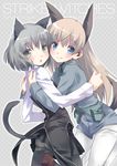  animal_ears blonde_hair blue_eyes cat_ears cat_tail ech eila_ilmatar_juutilainen green_eyes hug long_hair military military_uniform multiple_girls pantyhose sanya_v_litvyak short_hair silver_hair strike_witches tail uniform world_witches_series 