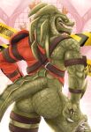 2022 anthro back_muscles barricade_tape biceps big_butt biped butt caution_tape claws digital_media_(artwork) dragon epic_games finger_claws fortnite green_body green_scales heart_symbol hi_res hybrid_(fortnite) male mostly_nude muscular muscular_anthro muscular_male mythological_creature mythological_scalie mythology open_mouth open_smile pinup pose scales scalie shrawnie smile solo tail teeth wingless_dragon