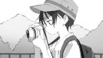  1girl backpack bag baseball_cap camera commentary from_side greyscale hands_up hat highres holding holding_camera kurosaki_honoka looking_ahead messy_hair monochrome outdoors parted_lips piezo profile railing shirt short_hair short_sleeves solo taking_picture two-handed upper_body yama_no_susume 