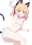  1girl absurdres animal_ear_headphones animal_ears ass bare_arms bare_legs bare_shoulders bikini blonde_hair blue_archive blush bow cat_tail collarbone fake_animal_ears feet_out_of_frame frilled_bikini frills hagoonha hair_bow halo headphones highres looking_at_viewer momoi_(blue_archive) navel open_mouth pink_halo red_bow red_eyes short_hair simple_background solo swimsuit tail white_background white_bikini 