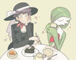  1girl ^_^ black_headwear black_suit cake chewing closed_eyes colored_skin commentary cup diantha_(pokemon) drinking flower food fork gardevoir green_hair grey_background grey_hair hat hat_ribbon highres holding holding_fork miramu_love plate pokemon pokemon_(creature) pokemon_xy ribbon short_hair simple_background spoon suit sun_hat symbol-only_commentary table tea teacup teapot white_ribbon white_skin 