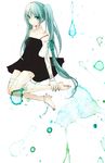  absurdres aqua_eyes aqua_hair aqua_nails bandages barefoot black_dress bracelet dress error feet full_body hands_on_feet hatsune_miku highres jewelry legs long_hair nail_polish plantar_flexion solo syutyou twintails very_long_hair vocaloid 