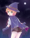  blonde_hair cape commentary_request full_moon gloves green_eyes hat male_focus moon night oginy open_mouth original puffy_sleeves ribbon smile solo star witch_hat 