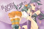  alternate_costume bat_wings blush boots cape elbow_gloves food_themed_hair_ornament gloves hair_ornament halloween happy_halloween hat kajiki_yumi kapiko looking_back multiple_girls open_mouth orange_skirt pumpkin pumpkin_hair_ornament purple_background saki skirt smile striped striped_legwear thighhighs touyoko_momoko wings witch witch_hat yuri 