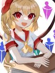  1girl ascot blonde_hair crystal_wings dress flandre_scarlet hair_ribbon highres long_hair medium_hair open_mouth red_eyes red_ribbon ribbon short_sleeves side_ponytail simple_background sitting solo table teruteru_(pixiv_98065144) touhou uniform white_background yellow_ascot 