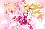  blonde_hair bow choker copyright_name cure_peach fresh_precure! hair_ornament heart heart_hair_ornament long_hair magical_girl mashimaro momozono_love multiple_views open_mouth pink_bow pink_choker pink_eyes precure smile teeth twintails 