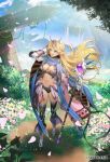  1girl absurdres blonde_hair blue_eyes breasts cape chyko7080 cloud earrings elf esper_(saga_2) floating_island flower full_body gloves highres holding holding_staff jewelry long_hair navel official_art open_mouth pointy_ears romancing_saga_re;universe saga saga_2 smile solo square_enix staff 