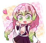  1girl arm_at_side belt belt_buckle black_skirt blunt_bangs blush breasts buckle deformed demon_slayer_uniform gradient_hair green_eyes green_hair hand_on_own_face heart japanese_clothes kanroji_mitsuri kimetsu_no_yaiba long_hair long_sleeves miniskirt mole mole_under_eye multicolored_hair open_mouth pepoyo pink_hair skirt smile solo teeth tri_braids upper_teeth_only white_belt white_sleeves white_trim 